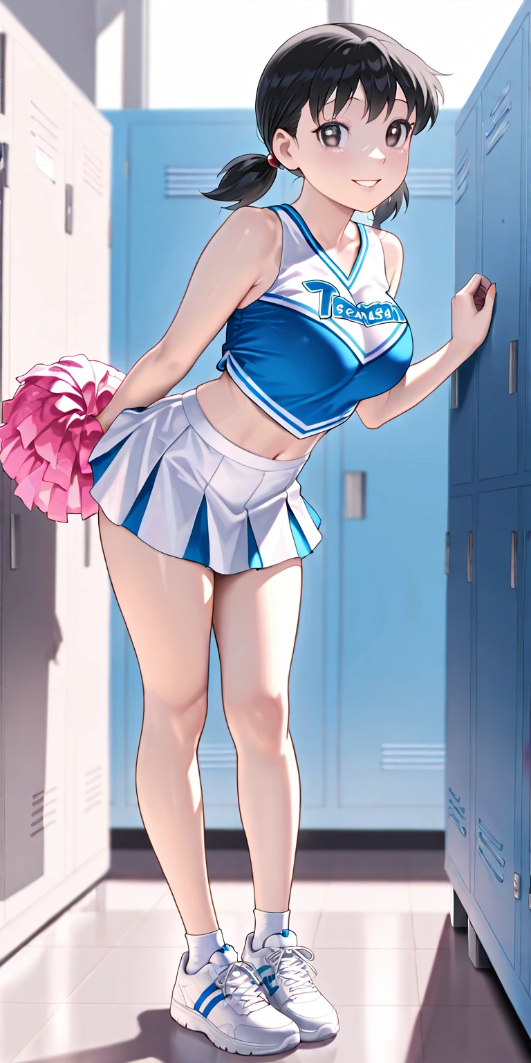 nsfw:1.5,(((Perfect Anatomy, Anatomically correct, Very detailedな肌))), 1 girl, Japanese, high School girl, Shiny skin, Observe the audience, ((Back view, From below)), Beautiful Hair, Beautiful Face, Beautiful details, (short hair:1.1, Bobcut:1.2), Dark blonde hair:1, blue eyes, Baby Face, Mole under the eye, Beautiful clavicle, Beautiful body, Beautiful breasts, Big Breasts:0.5, Beautiful thighs, Beautiful legs, Camel Toe, (((Blue Sleeveless Cheerleader:1.2))), ((Thigh-high boots)), Removable sleeve, Captivating thighs, ((Embarrassing, Scared, sad, tears, cry, Half-open mouth)), Are standing, (((Leaning forward), Take off, Raise one leg, Pull on white panties、Pulling down her panties)), (Beautiful views), summer, School, locker room, 8k, highest quality, Masterpiece:1.2, Very detailed), (Realistic), Beautiful illustrations, Natural light, whole body,