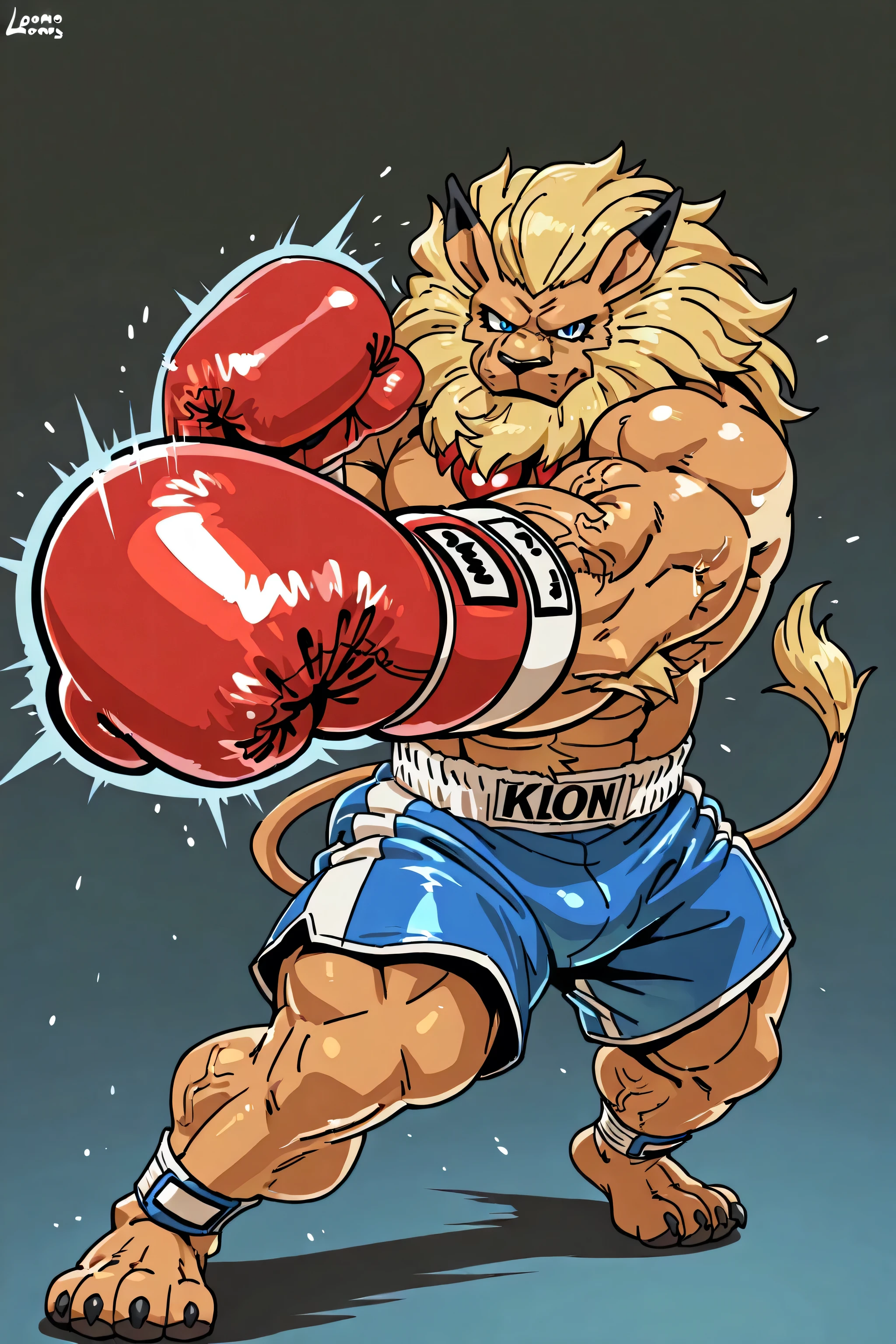 leomon, anthro, blue eyes, furry, solo, lion, male, mane, high quality, simple background, cel shaded, big body, thick arms, muscular, full body, glistening body, looking at viewer, boxing gloves, boxing trunks, muscular legs, thick legs, posing, stern face, veiny arms, bulging arms, pov_boxing, boxing posture, dynamic pose, bare feet, punching, boxing, training, exercising, outstretched arm