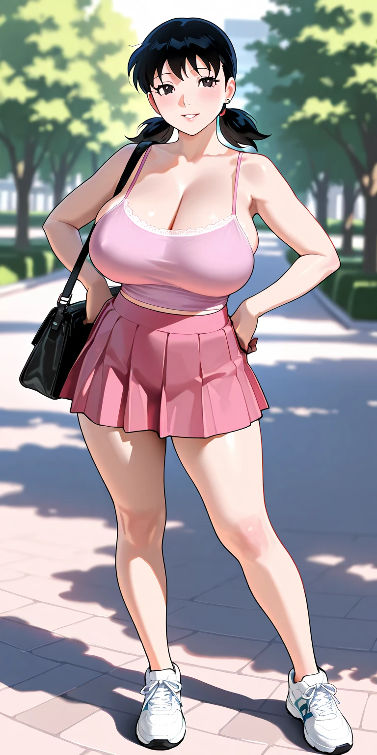 (best quality:1.5, highres, UHD, 4K, detailed lighting, shaders, perfect graphic), blonde straight twintails, large breasts, pink off shoulder shirt, cleavage, black skirt, sexy, smiling, standing, street background, necklace, earrings, bracelet
