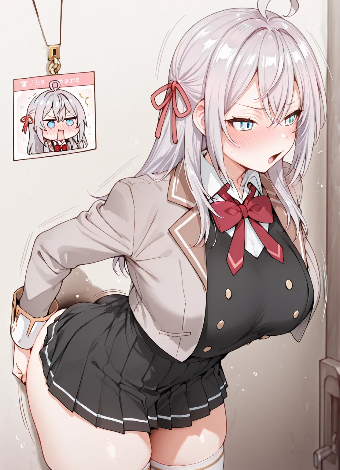 ((1 girl:1.5))、(smile:1.5)、(blush)、shirt、blouse、((fun!!))、chiralism、(small breasts)、(silver hair)、(dog ears)、(eye highlights:1.3)、Blake Black Footwear,(黒いskirt)、bow, button, 襟の付いたshirt, long sleeve, ((red bow tie, , black jacket, open jacket, (white cardigan:1.5), 白のshirt, 黒のskirt, チェック柄のskirt、white socks)),, shirtを,, skirt, socks, thighs, 白い shirt, Rest indoors, ((classroom:1.5))、 BREAK While watching the audience、(skirtを掴む:1.5)、 (perfect hands, perfect anatomy),cowboy shot、(skirt lift:1.3), (Pull Panties)、((shaved pussy:1.5))、(skirt that rolls up:1.3)、(Highly detailed labia fully exposed:1.5)、(Photo seen from below:1.5)、light blue eyes、long hair
