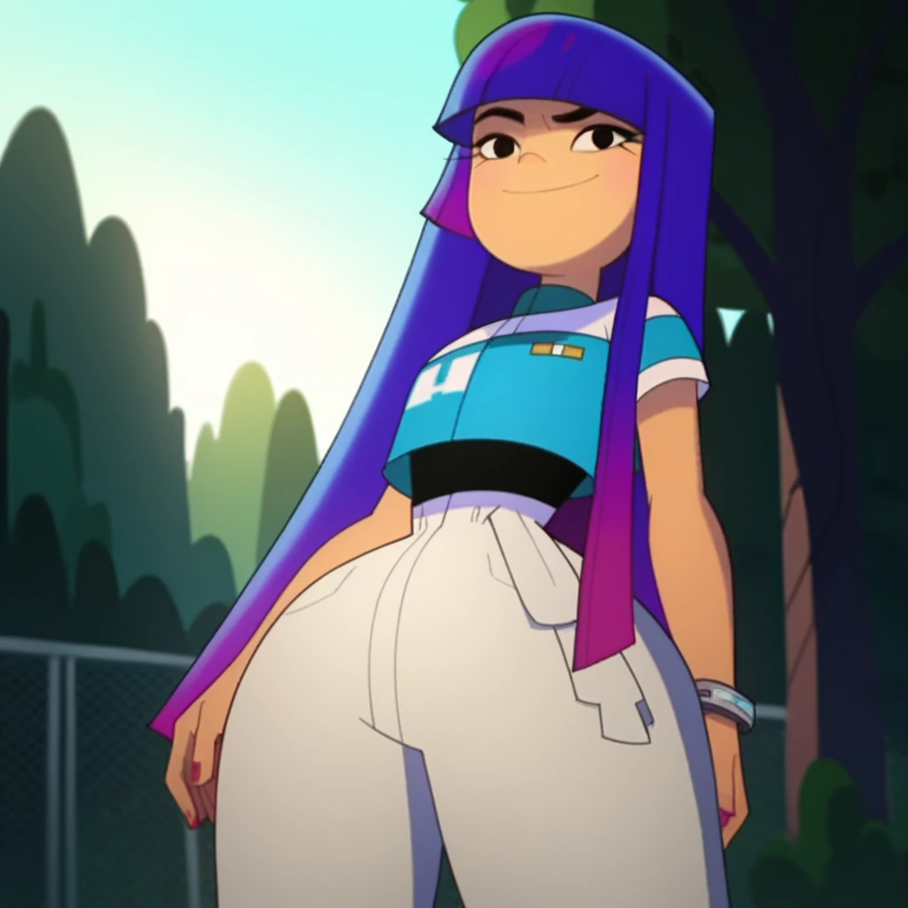 masterpiece, best quality, solo, curvy, beautiful eyes,  narrow waist, wide hips, zzMiko, long hair, purple hair, blunt bangs, multicolored hair,  dynamic angle, foreshortening, close up, smile, looking at viewer,   ,       <lora:MikoKubotaIXL:1.0>, [Casual Park Hangout], Pink shirt, short shorts, baseball cap, slip-on shoes, Relaxing on a bench beneath shady trees, with the sound of distant laughter and leaves rustling in the breeze.