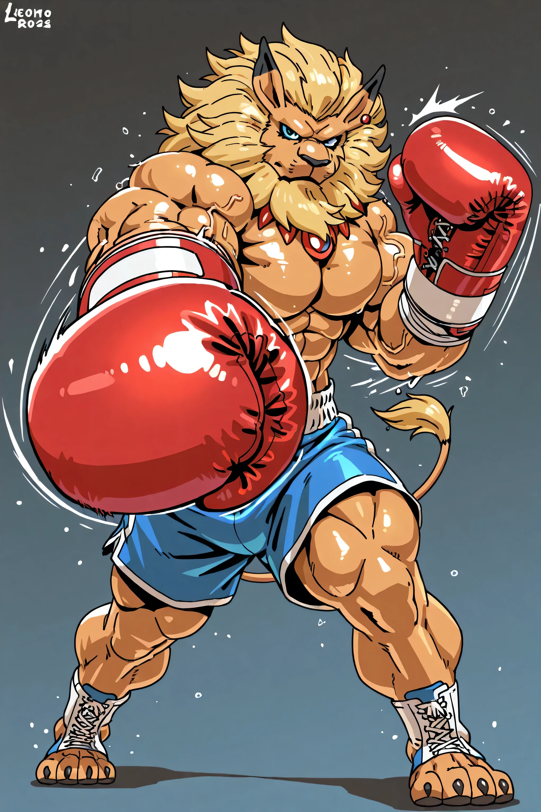 leomon, anthro, blue eyes, furry, solo, lion, male, mane, high quality, simple background, cel shaded, big body, thick arms, muscular, full body, glistening body, looking at viewer, boxing gloves, boxing trunks, muscular legs, thick legs, posing, stern face, bulging arms, pov_boxing, boxing posture, dynamic pose, bare feet, punching, boxing, training, exercising, outstretched arm