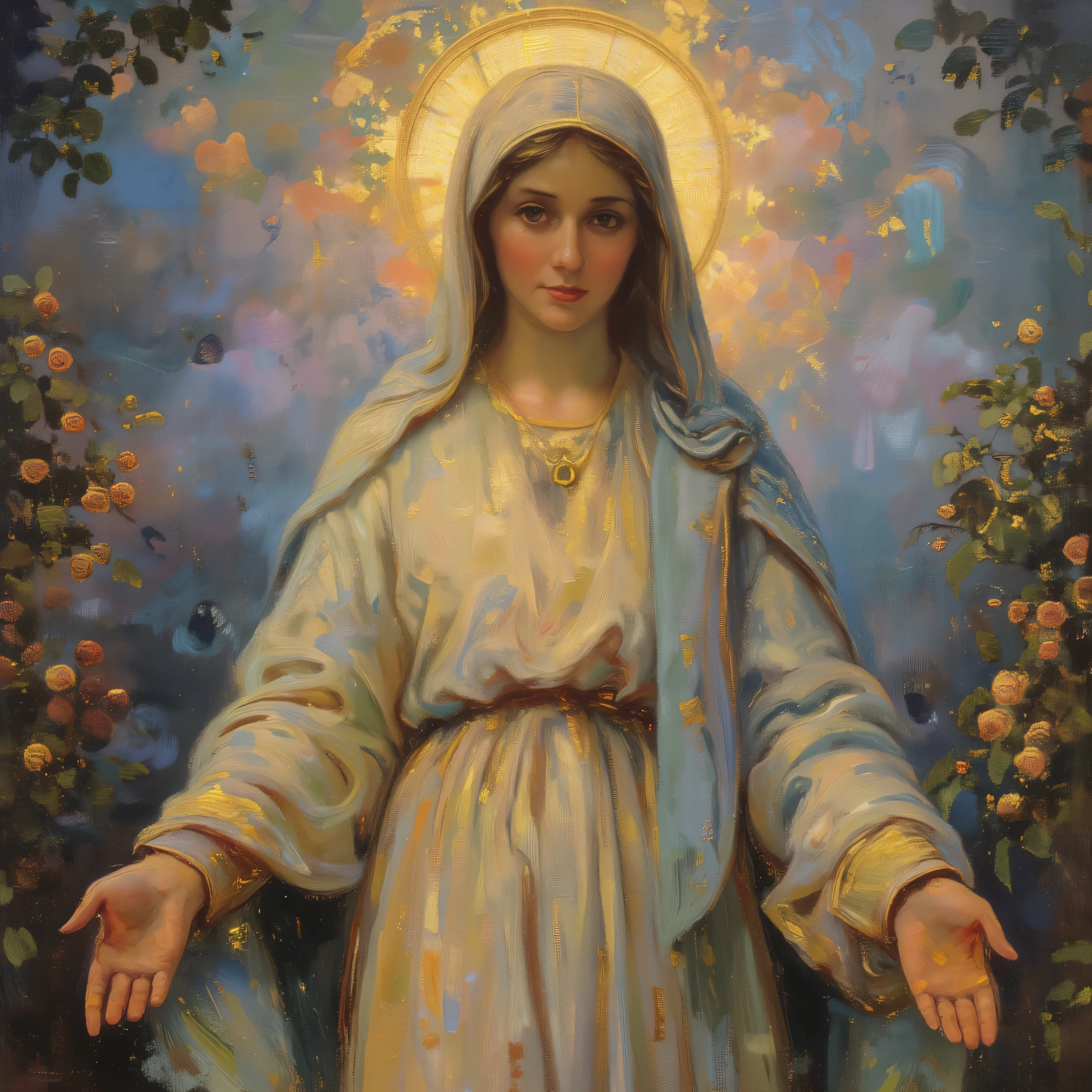 High-quality, detailed oil painting, "analog vintage photo style," of the Virgin Mary, depicted in her classic attire in soft, pure tones: a white tunic and a sky-blue mantle that falls delicately over her head and shoulders. Her expression is serene and compassionate, with a gaze filled with love and mercy directed at the viewer.
With her arms open in a gesture of blessing, she conveys peace and divine protection. The lighting comes from an ethereal source, with a soft, heavenly light that highlights the sweetness of her face and the subtle movement of the folds of her garment.
The background is ethereal and heavenly, with a subtle golden halo shining around her head, evoking holiness and purity. The composition seeks to convey a sense of consolation, spirituality, and divine beauty, with richly textured brushstrokes that enhance the realism and depth of the work.