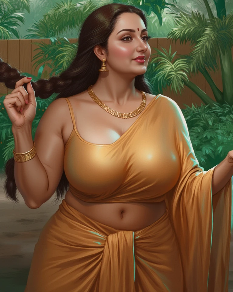 a middle aged indian woman, thick body, very large breasts, wearing a half-saree, bending over while planting seeds on a farm, detailed face, hyper realistic, 8k, photorealistic, cinematic lighting, beautiful warm colors, lush nature, intricate details