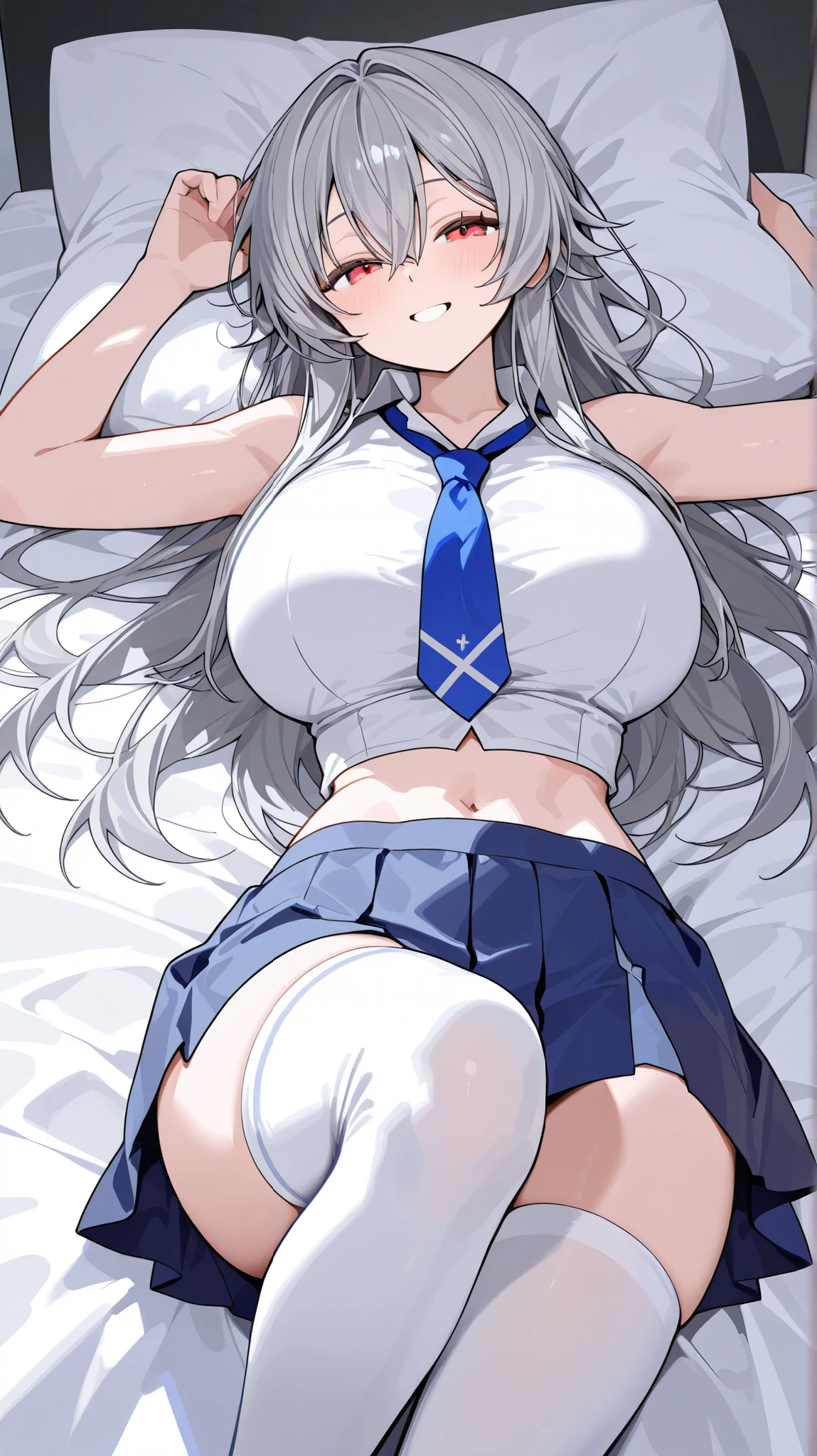 an anime of a male character, posing very realistically, in undergarments, 1girl, solo, breasts, underwear, bra, long hair, thighhighs, large breasts, skirt, white thighhighs, white hair, navel, looking at viewer, simple background, white background, red eyes