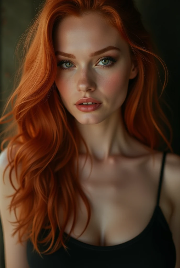 Describe a scene where a woman with long, voluminous hair, with a deep red tone, is in a room lit by soft light, captured from the front, Like in the picture. Your green eyes, penetrating and brilliant, attach directly to the camera, conveying a sense of mystery and seduction. With the face slightly tilted, her delicate expression is complemented by the natural light that gently bathes her skin, accentuating every detail. The surrounding scenery is clear and elegant, highlighting its enigmatic beauty while its presence dominates the environment, radiating charm and fascination."
