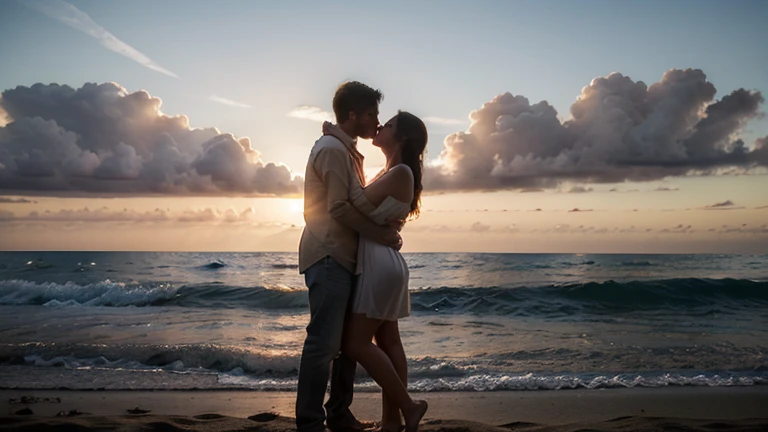 Create an engaging series of couples photographs in iconic locations around the world, utilizing advanced artificial intelligence technology to capture the unique essence of each couple, highlighting the depth of their connection in renowned settings. Explore a vast array of emotions, from tender love to boundless euphoria, to visually narrate each couple's love story. Ensure iconic landscapes serve as a breathtaking backdrop, accentuating the magic and diversity of human relationships in some of the most celebrated destinations on the planet.
A stunning couple in love, embracing on a serene beach at sunset in Bora Bora. The warm tones of the sun setting over the ocean reflect in their eyes, capturing