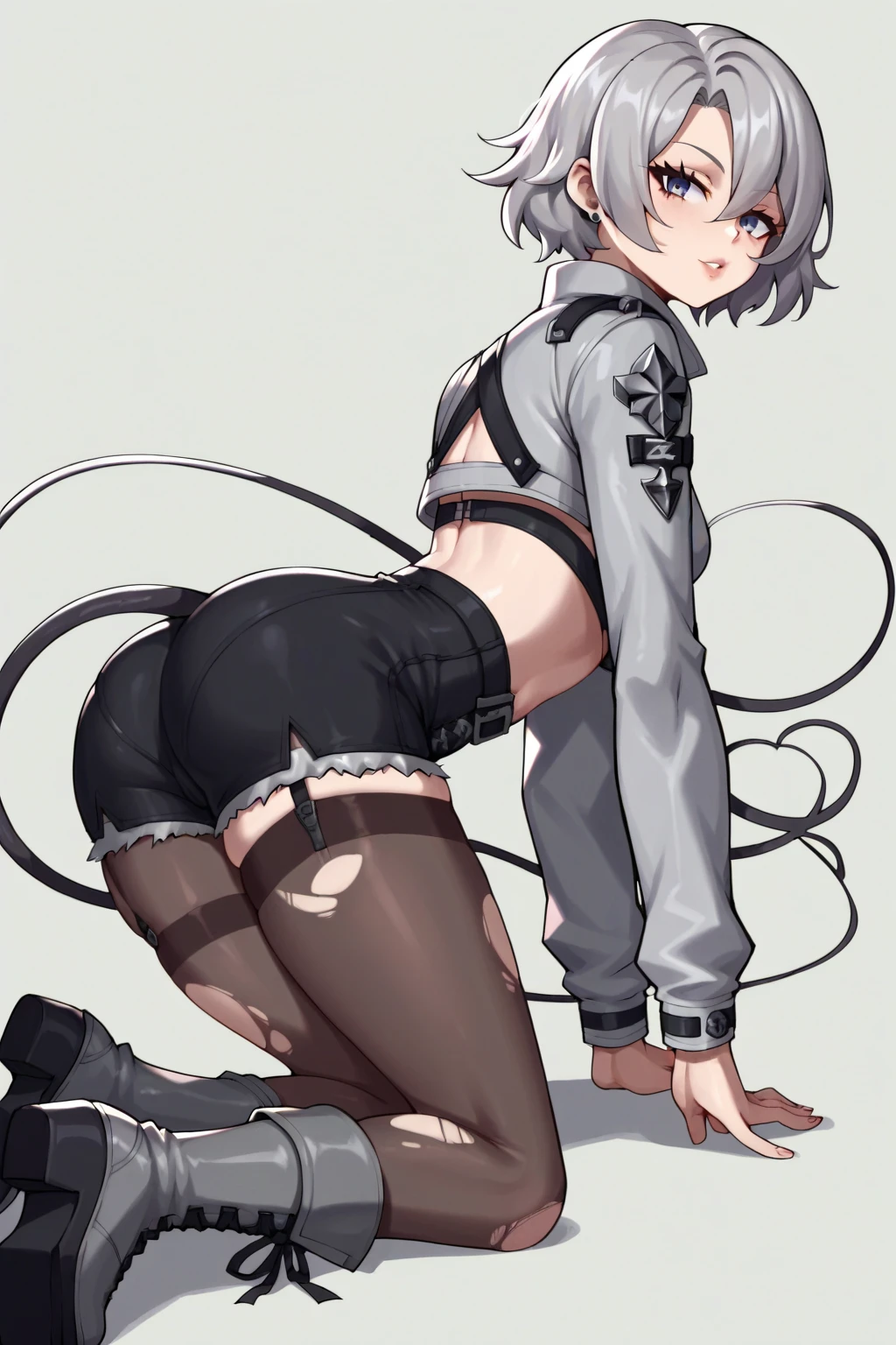 Beautiful young man, darkblue-haired, ((Gray eyes)),(short wave hair:1.2), (Black mask:1.2), White hoodie,clear wear,High quality, amount of drawing, pixiv illustration,(animal sticker:1.2),((SEX,チンポ,NSFW:1.4)),((spread legs:1.1)),((crawl on all fours:1.3)),(うつ伏せ:1.25),((尻を高く上げる:1.15)).