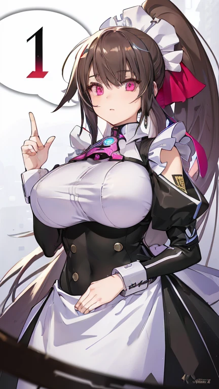 Best quality, (masterpiece:1.2), 1girl, super tall, black turtleneck sweater, no sleeves, very long curly coiled black hair with super curly bangs, red eyes, narrow eyes, white sunhat, white pleated skirt, red shoulder bag, suspenders, dark toned skin, outside, big breast, perfect body, standing, smile, holding up peace sign, chibi, white outline