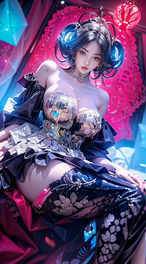 hatsune Miku、(ultra Realistic), (An illustration), (Highres), (8K), (highlydetailed), (the best illustration), (Beautiful Detailed Eyes), (beste Quality), (Super Detailed), (Master peace), (Wallpapers), (Detailed Face), solo, 1girl, Aristocratic dresses、White hair, Iris heterochromatic eyes, small moles under eye, medium chest, Long legs,Stunning composition,Foot braids,Beautiful and detailed legs