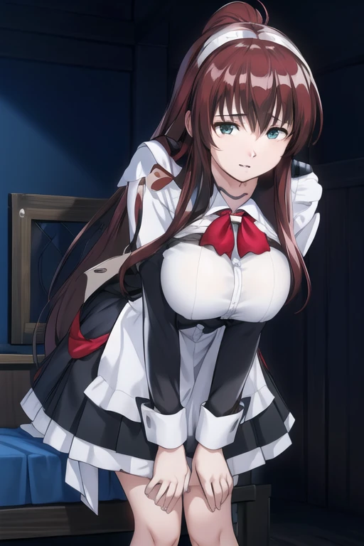 (Highest quality), (masterpiece), 1080P, High resolution, 4K, 8K, ((Maid clothes)), ((Bunny ears)), Black ruffles, Shooting from directly above, Sweat, ((White panties)), string, tie, To achieve this, ((~ side)), show your ~ side, Spread your legs, Nipples, Large Breasts, whole body, Embarrassed face, , Blunt bangs, bracelet, garter belt, Are standing, Off the shoulder