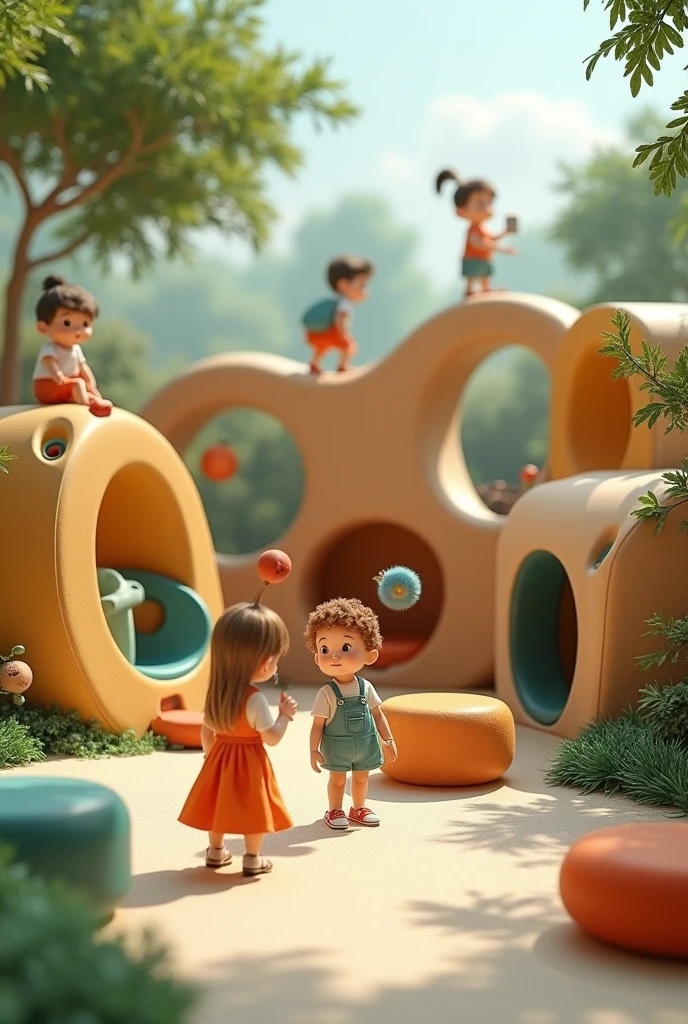 highly detailed 3D render cute children in a cute playground, kids cartoon style, high detailed textures, soft smooth textures, orange color gradient in background.