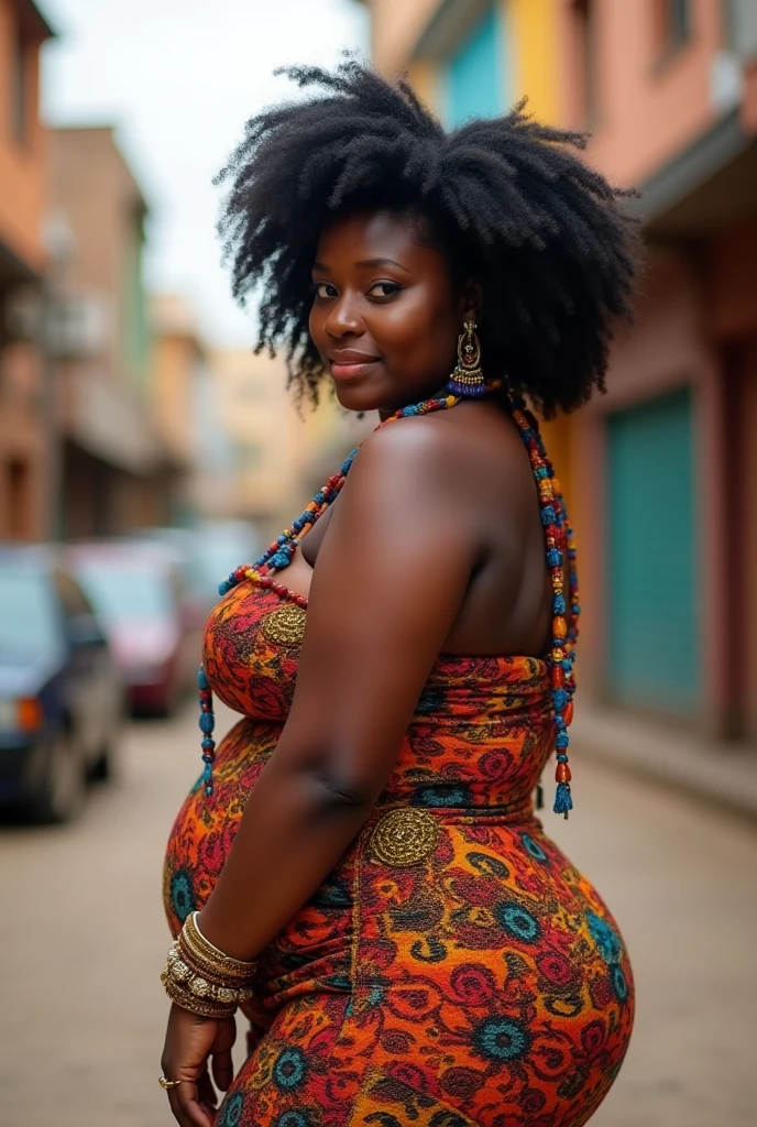 With a small pregnancy bump,Generate an image of a gorgeous black curvy skinny beautiful lady with Afro hair partying in the city. I want a full picture