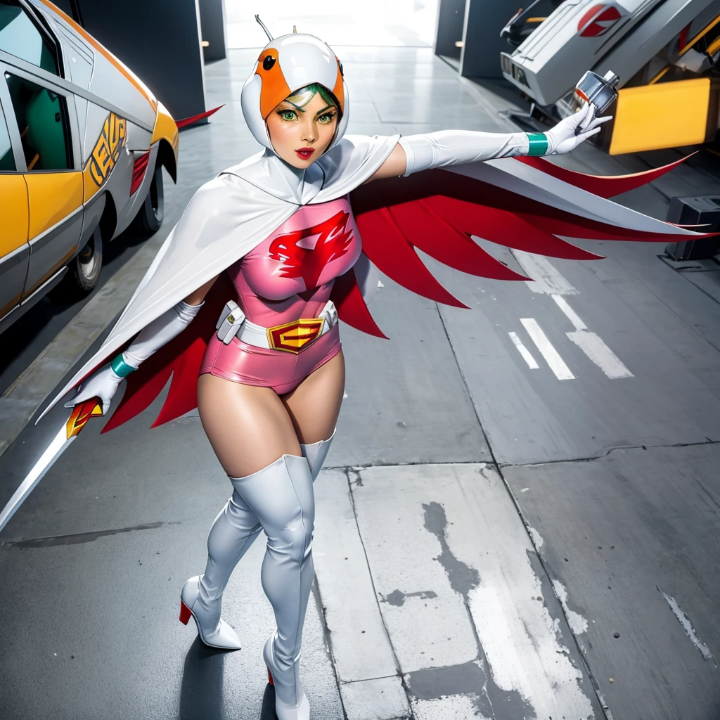 ANI_CLASSIC_jun_gatchaman_ownwaifu,1girl, ,good anatomy, masterpiece, best quality,realistic, hyperrealistic, 16k hdr, long hair,breasts,green eyes,lips,large breasts,lipstick,makeup,gloves,cape,helmet,belt,elbow gloves,white gloves,mask,ultra miniskirt,leotard,spacesuit,white tight overknee highheels boots,pink dress,superhero,bodysuit,cleavage,erected nipples,(sexy pose,view from above),(spread legs:1.1),cameltoe