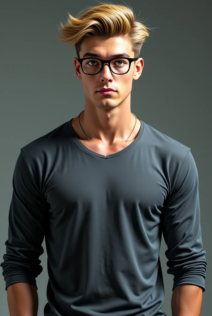 Create a character with 1,95 tall wearing beige Alpha Nation Sweatpants, a black shirt,round gold glasses, with brown hair, aqua green glasses and a little muscular