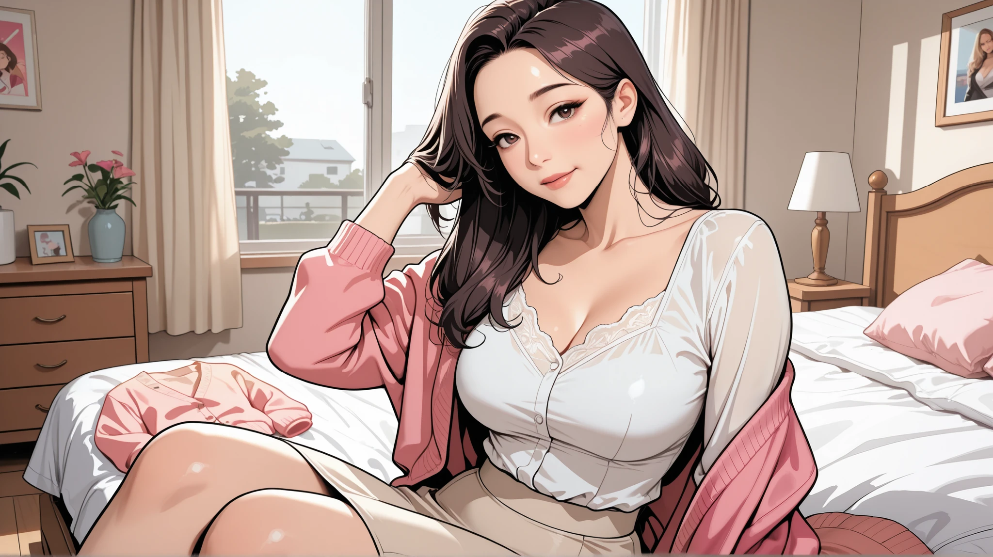high quality, Perfect Dynamic Figures, ((loose hair)), Korean mature woman combs her hair, afternoon, bedroom, pink cardigan, beige flared skirt, white blouse, Bust shot