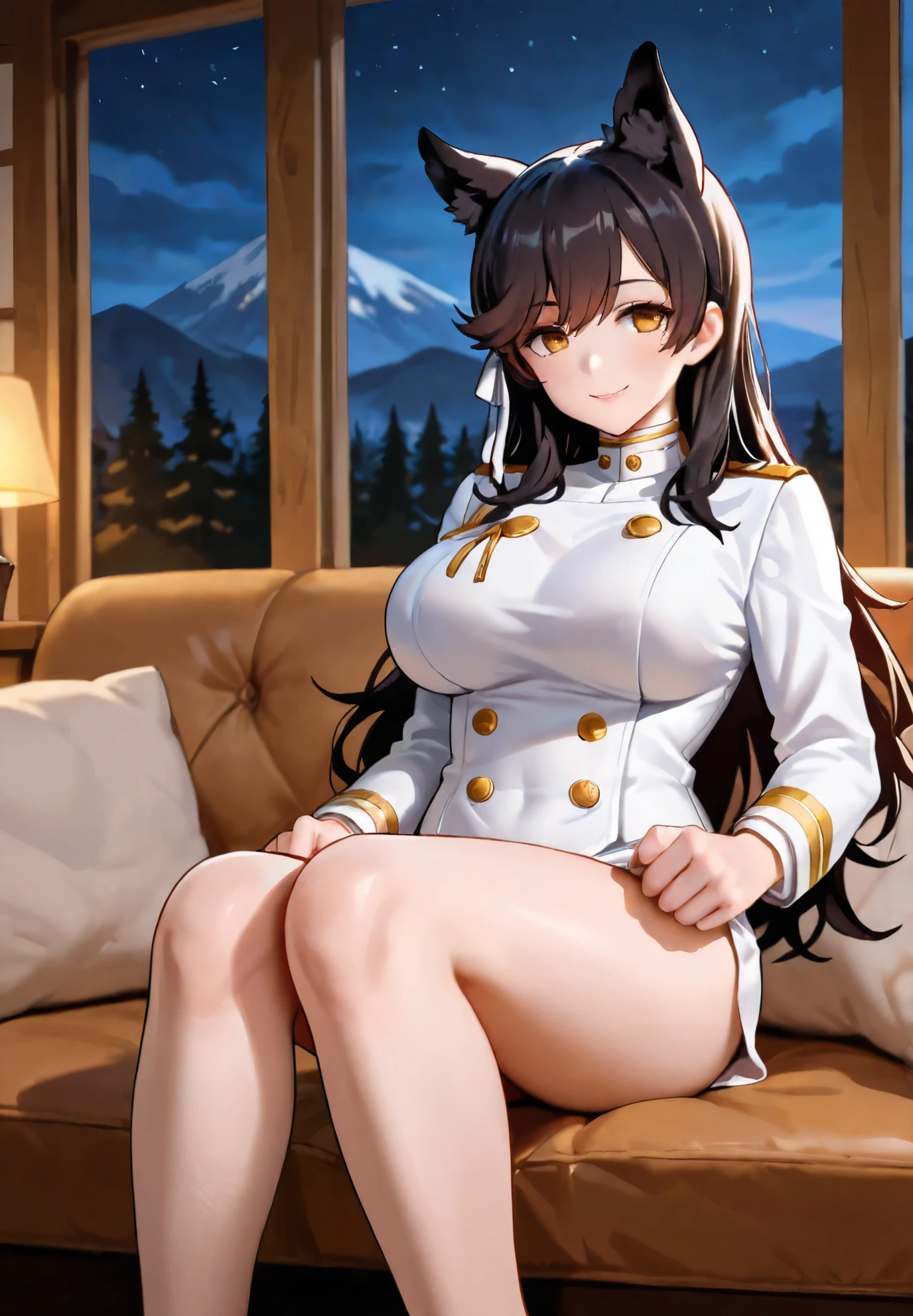 best quality, masterpiece, highres, solo, {atago_azurlane:1.15}, animal_ears, long_hair, black_hair, bangs, extra_ears, mole, mole_under_eye, breasts, large_breasts, ribbon, smile, brown_eyes, white_ribbon, hair_ribbon, blush, swept_bangs, closed_mouth, yellow_eyes, 1girl, black_thighhighs, gloves, looking_at_viewer, military, military_uniform, miniskirt, skirt, thighhighs, uniform, white_gloves, garter_straps, sitting, buttons, long_sleeves, pencil_skirt