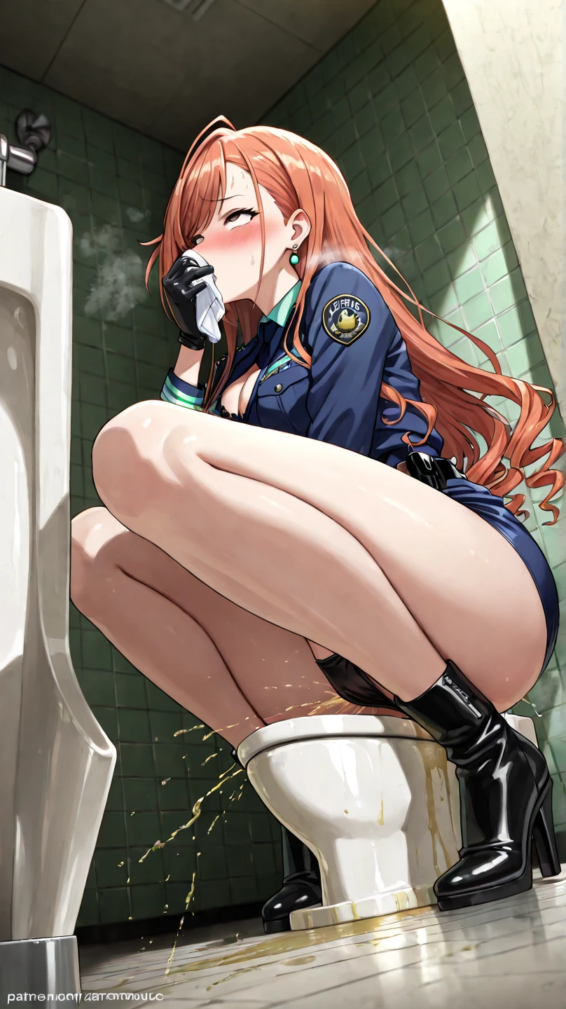 (masterpiece best quality), Realistic, (Real picture, Intricate details, Depth of field), (1girll, Solo), Mouth open，seductiv， highly  detailed, Perfect face,Refined face (gigantic cleavage breasts：1.3), (skin indentation), （Single bathroom），The body is damp，Heartbeat viewpoint，Thick thighs, Wide hips, Small waist, facing at camera，Seductive gaze，legs are open，Proselyte，Raised sexy，Open your feet，Mature face，a matural female，Gorgeous Hair in Long Purple，Erotic clothing，open waist，Milky white light、dairy cattle、Graffiti on the inner thigh，Used condom decoration，Meat urinal,Mouth plugged in