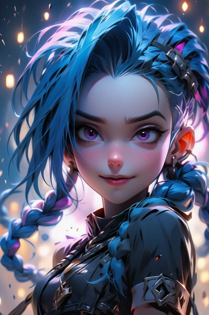 Nsfw, Jinx, league of legends, (master part, best quality;1.3), extremamente detalhado ,ultra detalhado, 1girl,sozinho, seios pequenos, sorriso maligno, ornamento de cabelo, Brincos, Olhando para o Viewer, mini saia, micro bra, olhos roxos, 4k resolution, ultra-realistic, altamente detalhado, corpo inteiro, dynamic lights,dedos acariciando o cabelo