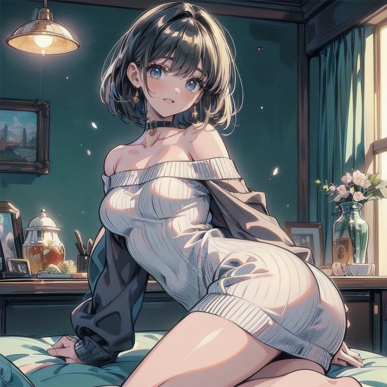 (short cute girl,small young student,young delicate girl),(masterpiece,Top quality),hugging own legs,sit with one's knees,bend legs,black hair