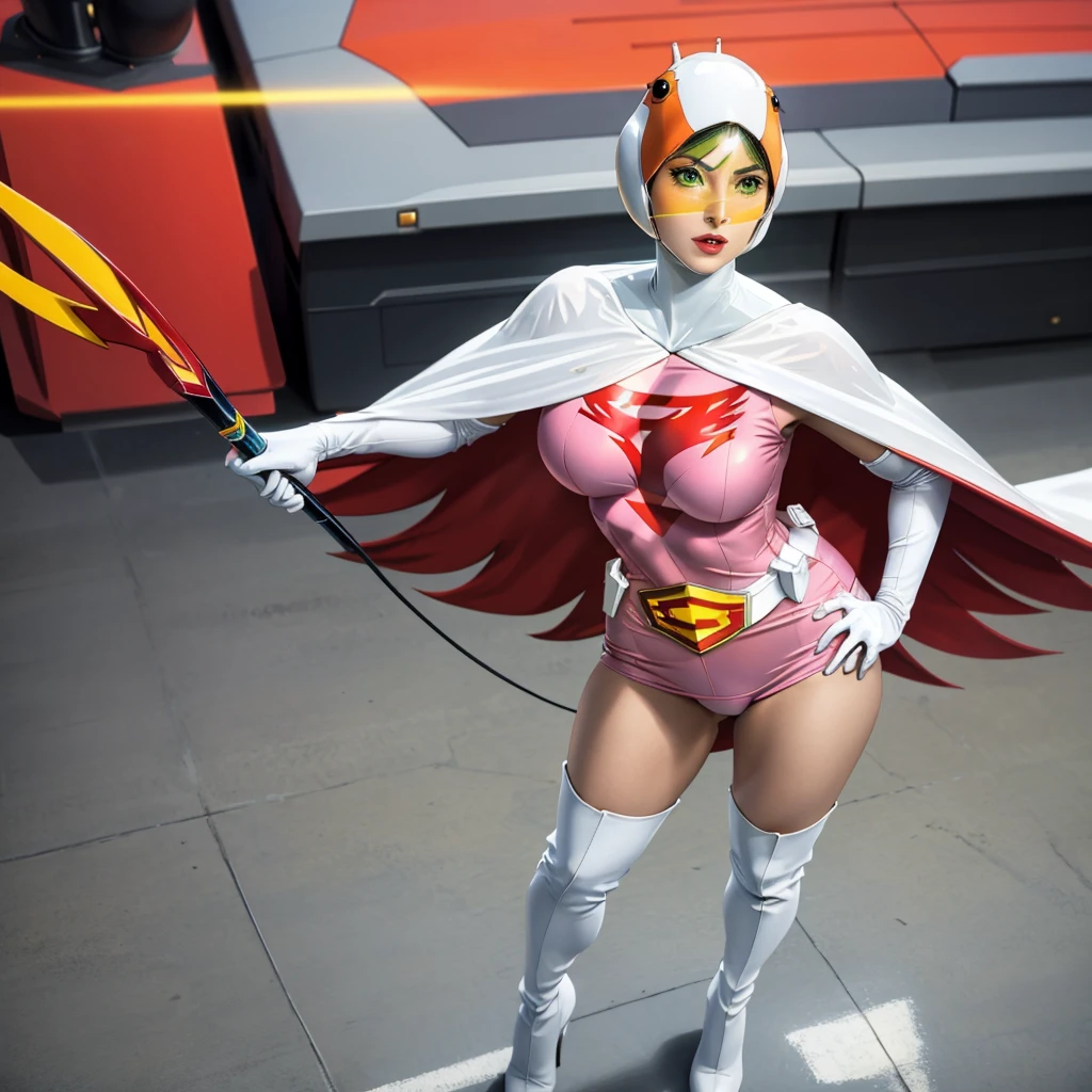 ((best qualityer)), ((work of art)), (detailded), ((best quality)), ((Artwork)), (detailded), 1 girl, ombro to ombro sweater, photorrealistic, high resolution, 1 women, mature woman, standing alone, hips up,purples eyes, cuddly, Star Guardian (League of Legends), pink hair, mitts, long hair, thick-thighs, overskirt, elbow mitts, hand on hip, bare shoulders, standing alone, wings, white mitts, breast out, pink eyes, bangss, magie, hair ornament