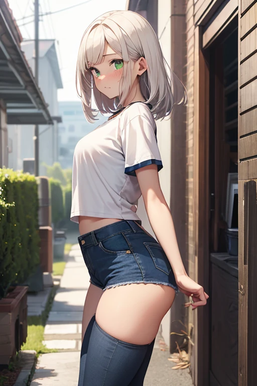 NSFW, top-quality, intricate detailes, chromatic abberation, 1girl in, Dynamic Pose, turned around,  Cinematic Angle, short silver hair, Blue Highlights, heterochromia iridis, Gentle smile, Oversized T-shirt, Super Super Mini Skirt, Pull up your skirt to show your panties, Cowboy Shots, wind lift, (oversize tshirt: 1.2 inch), Concrete walls, doodle, the street