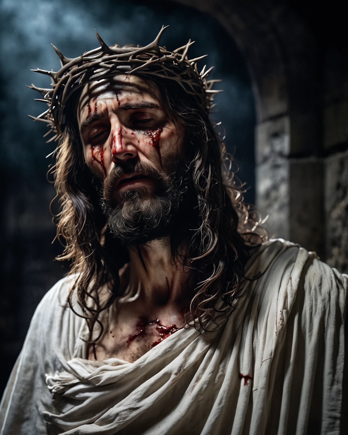Generate an image of the royal Jesus Christ of Israel with a crown of thorns and all covered with a cloak and long dress and blood on his face