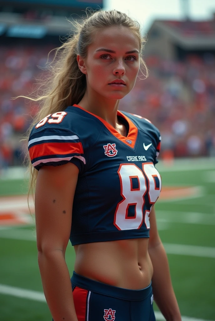 Please generate an image of a young woman wearing a trikot and a football shorts. She is in a football arena and please make sure that her whole body is visible. She has blonde hair, a bun, blue eyes and no makeup. The woman is sporty. She should looking directly into the camera. The face should appear realistically natural. The background should be clear and uncluttered. The details of the image should be of high quality(best quality)), ((masterpiece)), (detailed), perfect face.