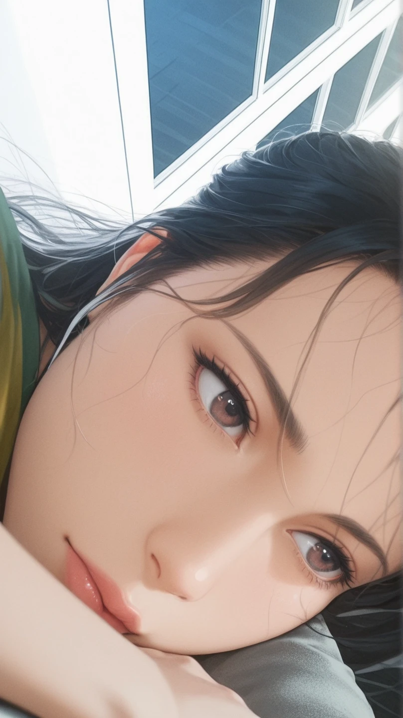 An Asian woman in her 50s taking a photo wearing a green shirt, sakimichan hdri, Yoshitomo Nara, Japanese Goddess, Realistic young gravure idol, shikamimi, beautiful Asian Girl, Asian Girl, Japanese Model, tits, Bust Shot, Perfect expression, 4K], 4k yen ], Bust
