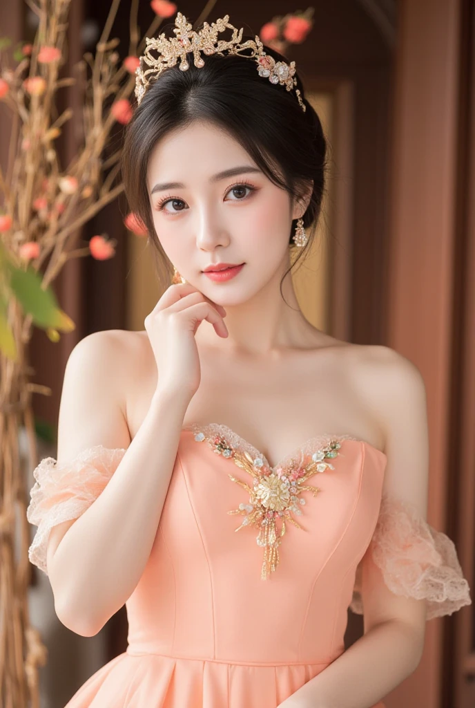 female idol、shiny lip gloss、smiling face、smoky eyeshadow、winged eyeliner、((dramatic lashes))、female silk dress(gold)、flowers、colorful short hair(neon fuchsia)、flowers in the hair (gold)、conceptual art, High quality, Realistic, extremely detailed CG unified 8k wallpaper, highly detailed, High-definition raw color photos, professional photography, Cinematic Light, Beautiful detailed, Super Detail, high detail, (((Bokeh))), depth of fields, illumination, City Street, Super stylish lighting