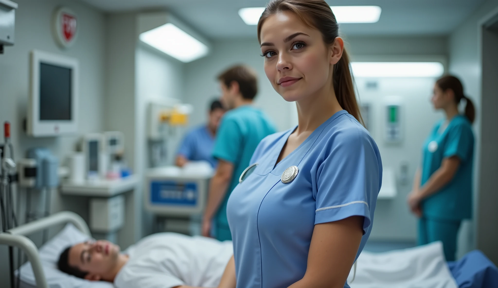 A professional ER nurse in her prime, wearing a fitted uniform with subtle feminine details, responding to an emergency