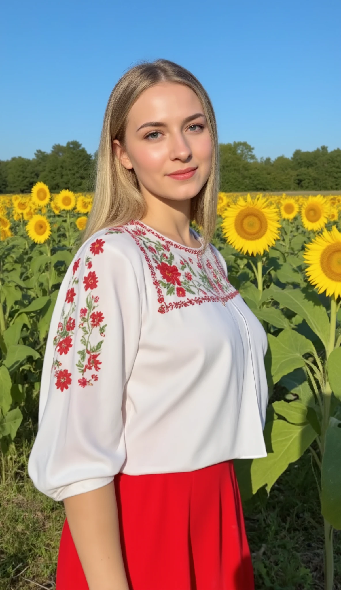 A 1.60m Ukrainian flat-chested long-haired blonde woman, wearing a traditional embroidered white blouse (vyshyvanka) and a red skirt, standing in a sunflower field under a bright blue sky. She gazes at the camera. No nudity.