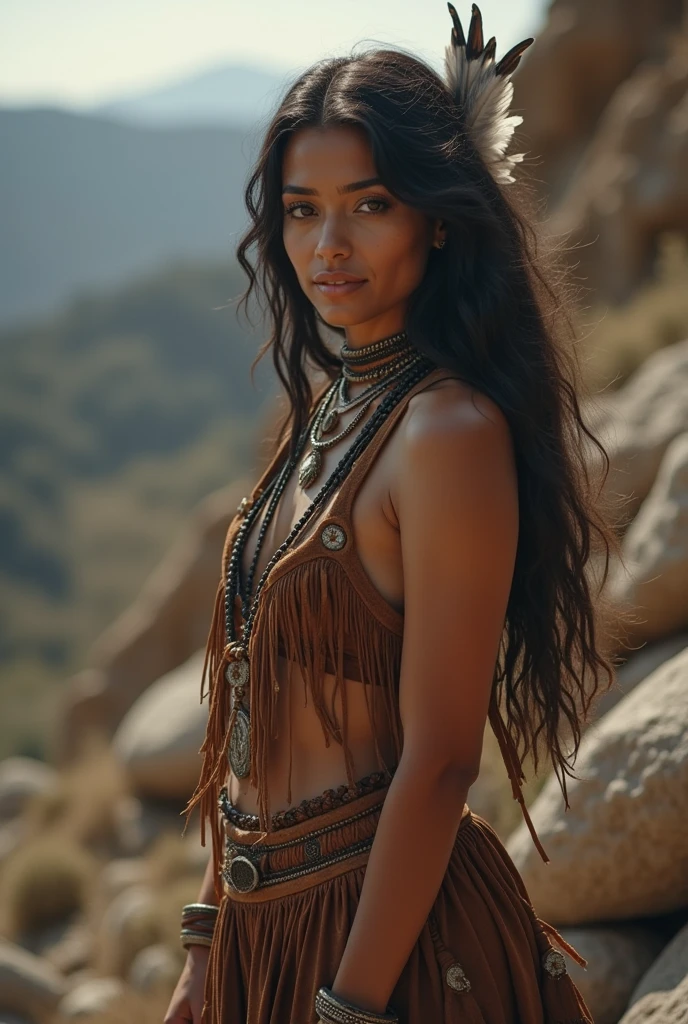 8k, RAW photo, best quality, ultra high resolution, photorealistic, realistic photo of skinny young woman, (skinny young woman), in the prarie, (prarie), (one person on the photo), photo from the side, wearing native american costume, (native american costume), (pocahontas), (tanned skin), long straight hair, black hair, looking at viewer, smiling, (extremely detailed CG unity 8k wallpaper), 8k uhd, dslr, bright lighting, high quality, film grain, Fujifilm XT3 sharp focus, f 5.6, High Detail, Sharp focus, (natural bright light)