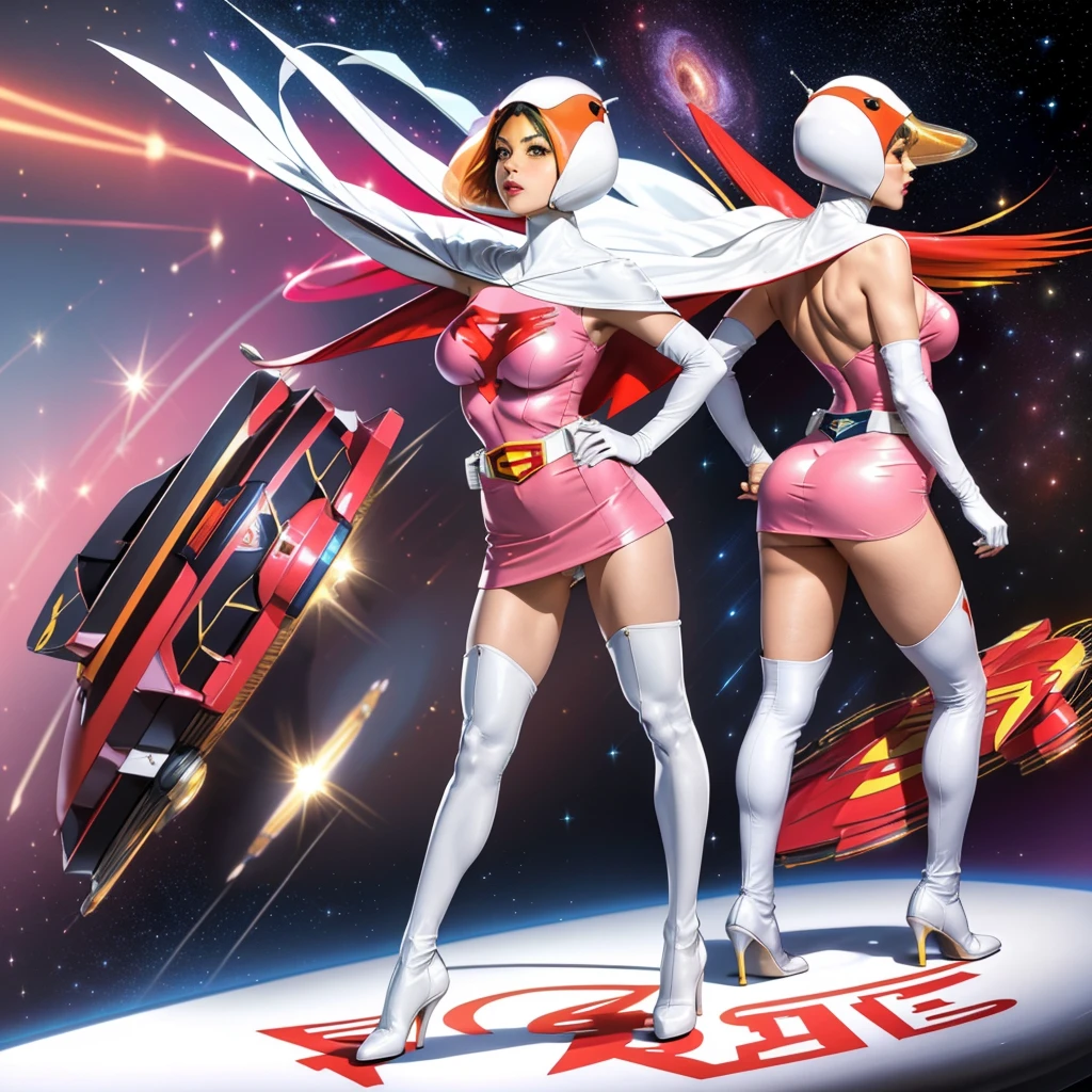 ANI_CLASSIC_jun_gatchaman_ownwaifu,1girl, 15 years old,good anatomy, masterpiece, best quality,realistic, hyperrealistic, 16k hdr,breasts,green eyes,lips,large breasts,lipstick,makeup,gloves,cape,helmet,belt,elbow gloves,white gloves,mask,ultra miniskirt,leotard,spacesuit,white tight overknee highheels boots,pink dress,superhero,bodysuit,cleavage,erected nipples,((jumping poses,arms up straight)),cameltoe