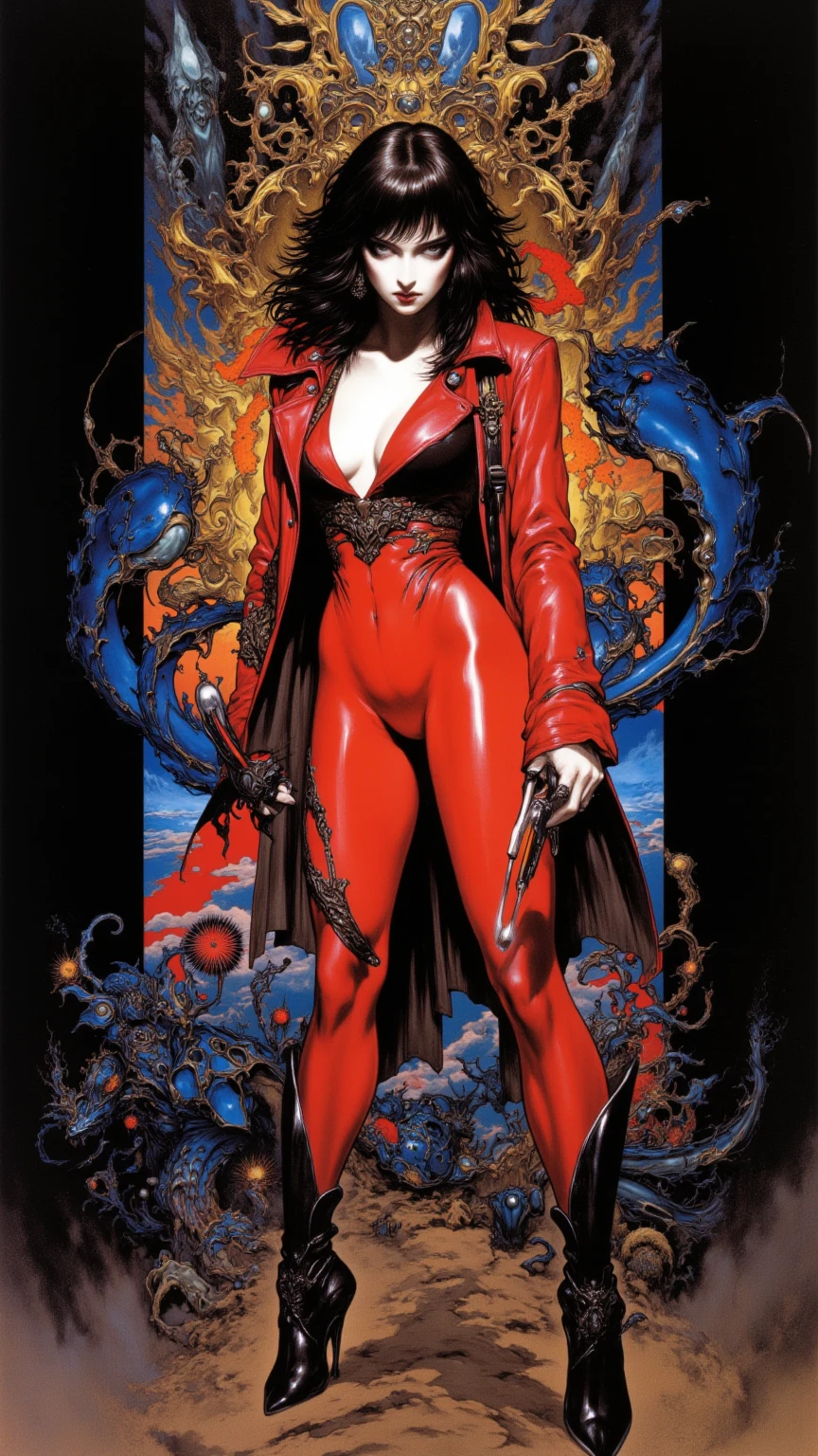 realistic, detailed skin, detailed cloth, night, gothic dark style, margot robbie as vampirella, (center part bangs messy-updo hairstyle), wearing red comic-book swimsuit cameltoe costume,seductive sultry hands on waist pose in front of gothic graveyard scene, high fashion editorial mixed light photography for high end high fashion editorial advertising photography, surreal, wide angle lens, helmut newton photo