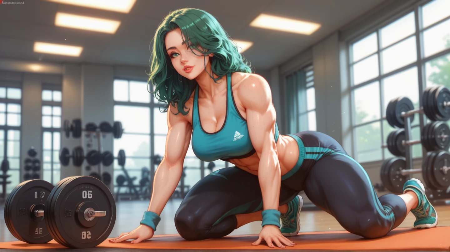 ((1girl, solo ,alone, long hair, green hair, yellow eyes, hair covering one eye, woman, (one hand on her hip) , dynamic pose, muscular female, gold bracelets, ruby earrings)), fitness, ((solo, (1woman, pink lipstick), Extremely detailed, ambient soft lighting, 4k, perfect eyes, a perfect face, perfect lighting, a 1girl)), ((fitness, , shapely body, athletic body, toned body)), ((black tank top, gym top, white shorts, mini shorts, gym, decoration, serious, austere woman))