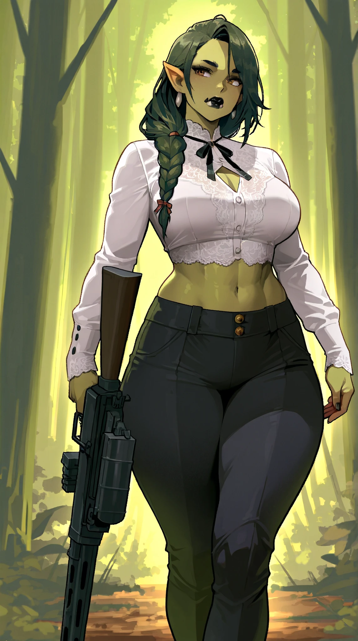 beautyfull woman, long green hair, long hair, african skin, green lipstick, black skirt, black bra, black chocker, black jacket, chubby, evil smile, holding a big gun
