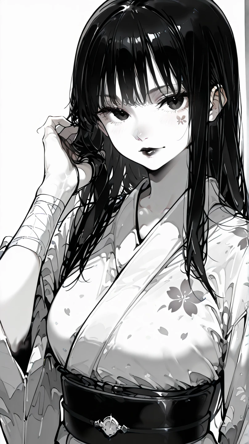 Highest quality, (Background details), High Contrast, Very beautiful woman, Detailed original illustrations、functional、Priest、White Robe、Si Jiaoguan、Delicate face、Charm、Villainess、sexy、Real breasts、Crazy Smile, Crazy Eyes, Black background, (Black background: 1.5), Beautiful line art、Monochrome