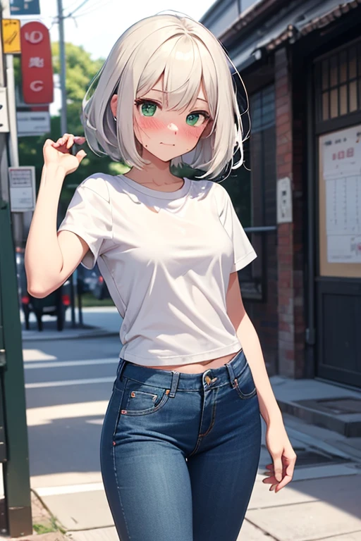 One 16 years old girl,full body,grin,Blonde Short bob hair,sports casual,oversized tops,six quarter spandex,