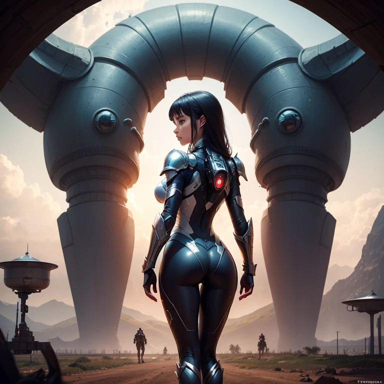(rear view, backside view),(La mejor calidad,A high resolution,Ultra - detallado,actual) ,primer plano Ariana Grande ciborg, con pantalon de cuero rojo, top amarillo, cabello largo white canoso, (alien invasion background extraterrestrial ships:1.4), (hermosos ojos azuleondo piedras grandes negro:1.4) , (pose vaquero ), (realistic) ,Arte detallado de alta calidad 8K, Fanart Mejor ArtStation, Fantasy art style , (ciborg white:1.4), (ciudad apocalyptic colors ciberpunk:1.4) ,(ciborg latex bodysuit white:1.4)