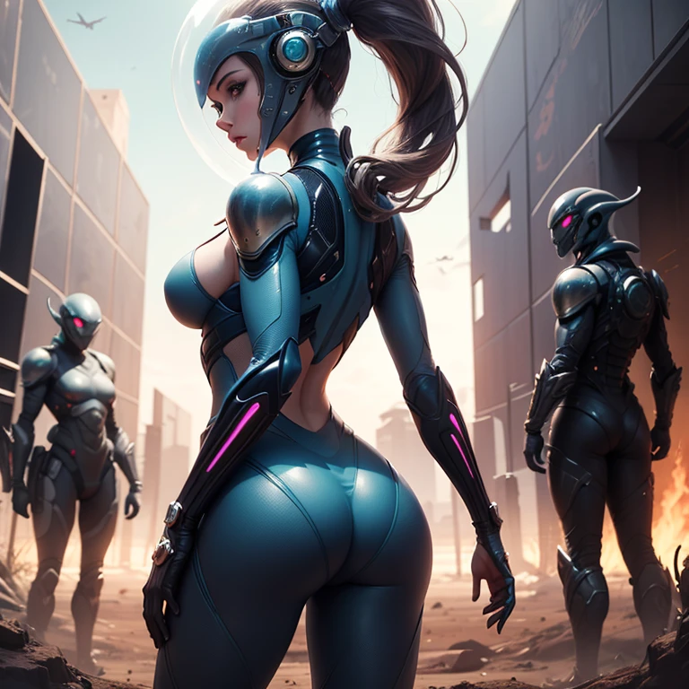 Woman body defined thick thighs cybernetic body parts, short underwear