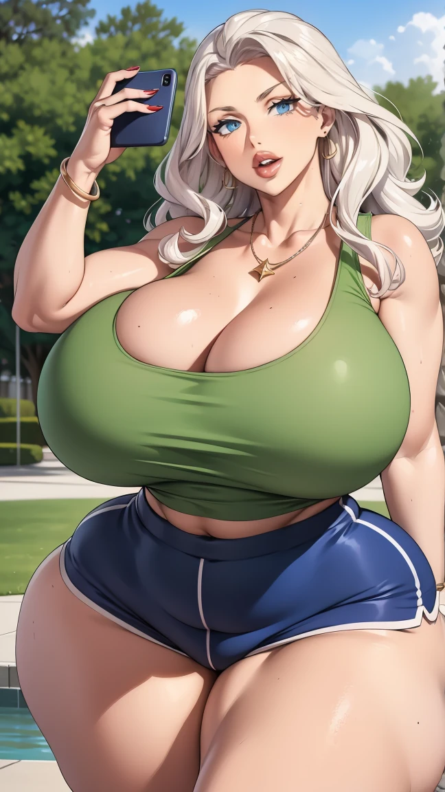 ((Best quality, 8k, Masterpiece :1.3)), open sky, night light, night sky, natural night light, pretty woman, catgirl, platinum hair with green highlights, a single long braid, long white cat tail, cat ears, massive firm breasts , (firm abs, slender figure :1.1), wide hips, long floating hair, sleepwear, random color, ultra-detailed face, detailed lips, detailed eyes, double eyelid, lawn, lush greens, outdoor camp, outdoor bed, camp fire, gasping face, kneeling on all fours, gym shorts, loose shorts