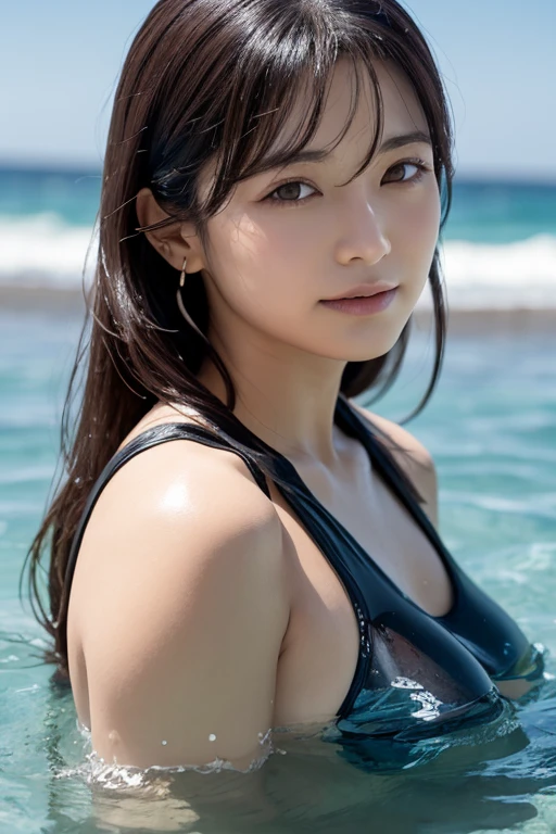 Japanese、Married Woman、Plump Body、Erotic adult woman、Sports bra、panties、Beach、blue sky、Wet wavy hair、Standing in a cute pose、Soaked in seawater、Wet and glowing body、smile、realism、high resolution、High definition、