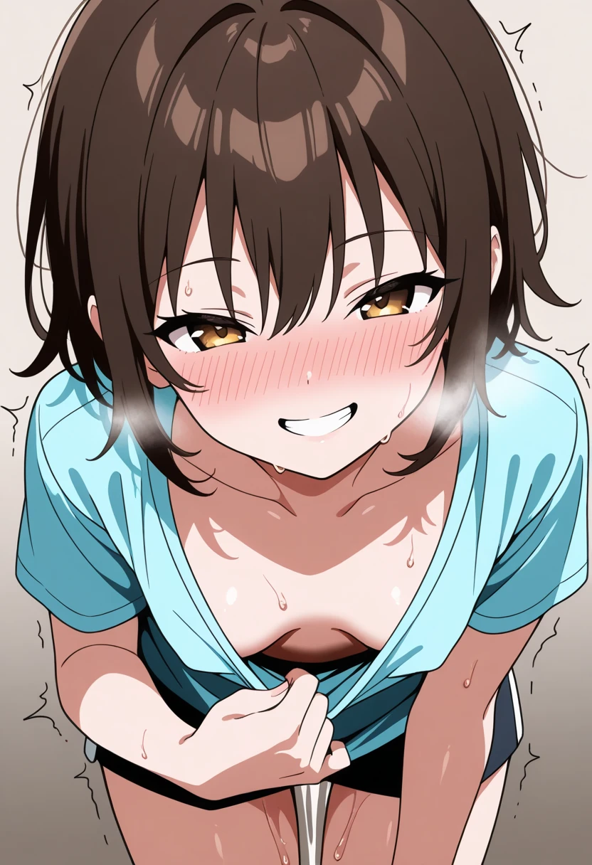 ((Small Breasts)),Highest quality、Very delicate and beautiful、((Very short bangs))、((Bangs))、Light shiny brown hair、The hair is light、((Short Bob))、Cute face、Young face、Cute like an idol、Yellow Eyes、Are thin、Slim figure、Short、(Child body type)、((Lots of sweat))、Embarrassed face、Open Mouth、Troubled face、Red face、(School classroom)、Photographed from the front、