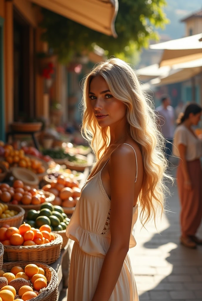 professional portrait photograph of a gorgeous 18 year,Norwegian girl Lise Olsen in London, with colorful market stalls and street performers in the background, long wavy blonde hair,blue eye,sultry flirty look, gorgeous symmetrical face, cute natural makeup,in an white elegant, flowing evening dress,((standing))ultra realistic,elegant, highly detailed, intricate, sharp focus, depth of field, f/1. 8, 85mm,(((professionally color graded))), bright soft diffused light, (volumetric fog), trending on instagram, hdr 4k, 8k