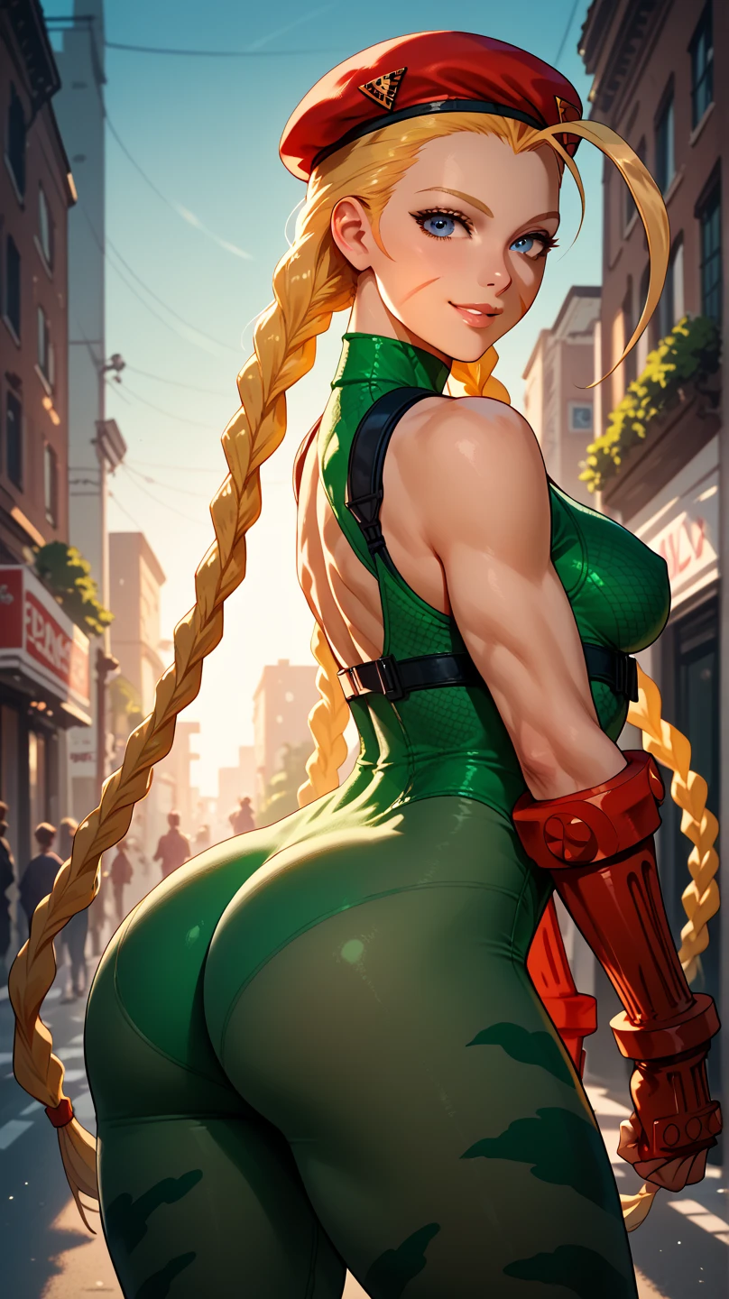 SF2CW, (((1girl))), masterpiece, bestquality:0.6, highres, uhd, gorgeous girl standing confident, standing solo, ((back_view)), big perfect ass, bad mood, large blue eyes, lipstick, ((looking at upside)), face scar, red beret, blonde-haired, ((twin braided tails)), (((tight green leotard))), (thick thighs), perfect legs, red gauntlet, military base scenery, war airplain background, ((mist around scene)), ((blur_background:1.3))