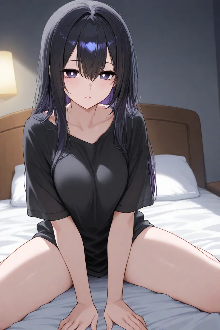 purple hair,purple eyes,elf,((white top-tank,black shorts)),sitting on the bed, ((split legs))