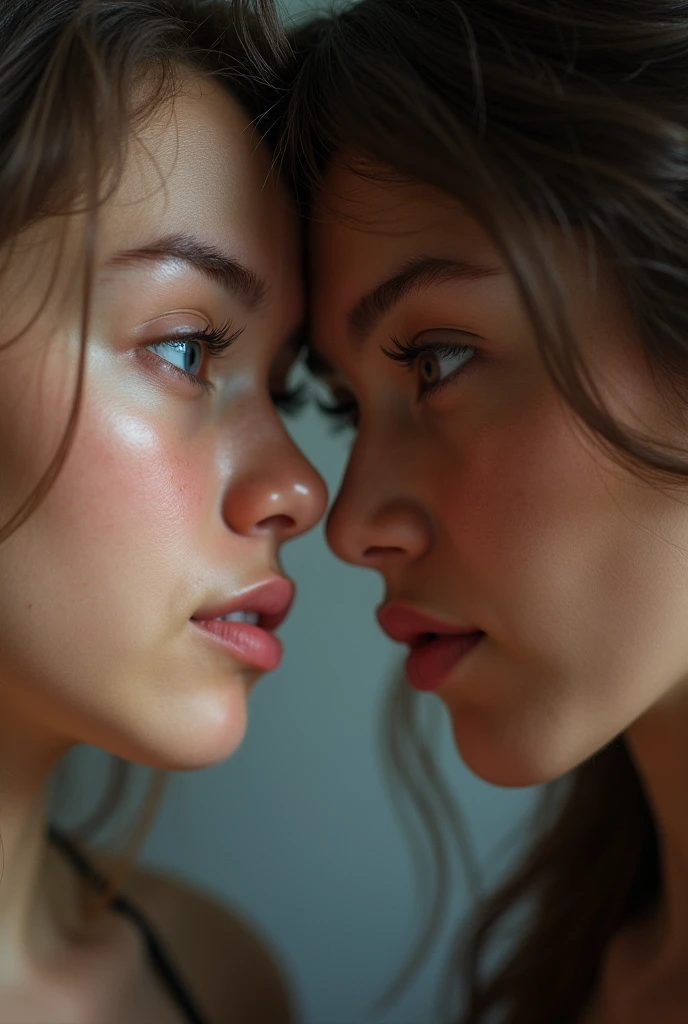 totally naked woman with slightly wavy dark brown hair with big breasts and big buttocks , the woman puts a man's male penis in her mouth ,very realistic , I want to see both of their naked bodies , excited woman