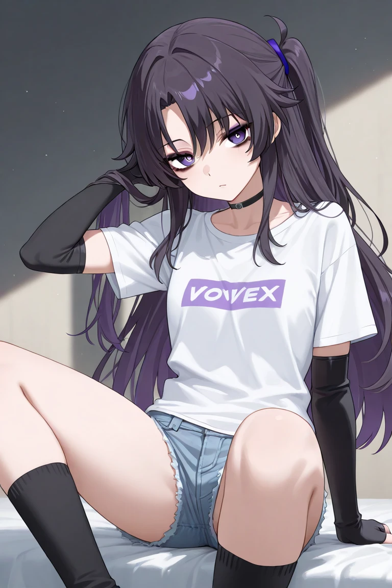 (masterpiece:1.37), best quality, (extremely detailed:1.37), woman, (very long hair:1.5), dark purple hair, purple eyes, (extremely detailed eyes:1.37), hoodie, navel, jeans, open fly, desperation, (wetting: self 3.0), standing, city, futuristic, neon lighting, high-tech