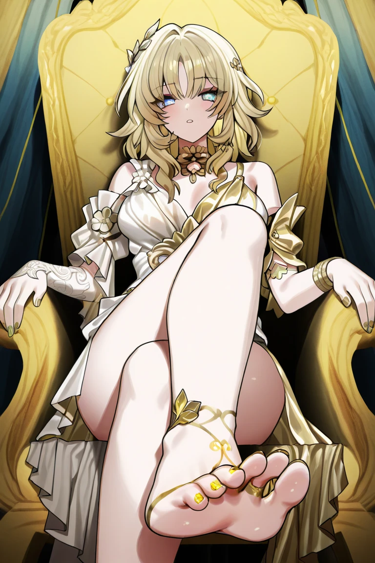 17yo girl, elf, golden hair, hime cut, long hair, J cup breast, thicc thigh, erotic body, golden string pasties on tits, golden pasties on pussy, golden bracelets, golden collar, golden necklaces, golden throne, golden cape, golden tiara, golden heels, gorgeous, sitting on throne, string net on legs, holding golden cane, bright smile, throne room scene, clear view.